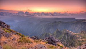 Preview wallpaper mountains, stones, breakage, fog, morning, grass