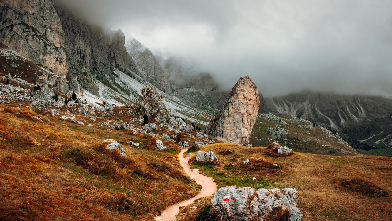 Wallpaper mountains, stones, clouds, trail, road, nature