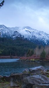 Preview wallpaper mountains, stones, lake, trees, clouds, nature