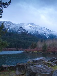 Preview wallpaper mountains, stones, lake, trees, clouds, nature