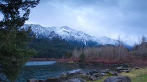 Preview wallpaper mountains, stones, lake, trees, clouds, nature