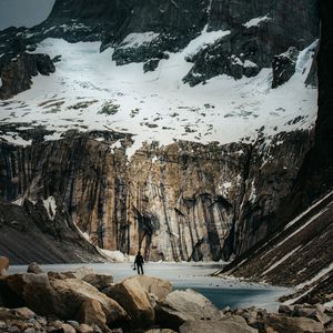 Preview wallpaper mountains, stones, lake, man, alone, winter