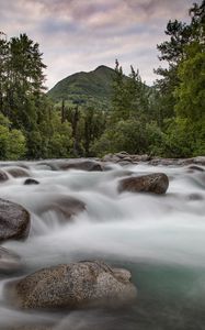 Preview wallpaper mountains, stones, river, stream, water, forest