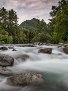 Preview wallpaper mountains, stones, river, stream, water, forest