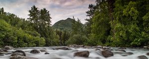 Preview wallpaper mountains, stones, river, stream, water, forest