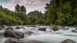 Preview wallpaper mountains, stones, river, stream, water, forest