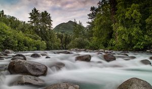 Preview wallpaper mountains, stones, river, stream, water, forest