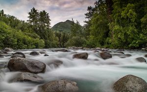 Preview wallpaper mountains, stones, river, stream, water, forest