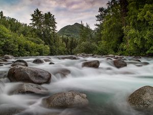 Preview wallpaper mountains, stones, river, stream, water, forest