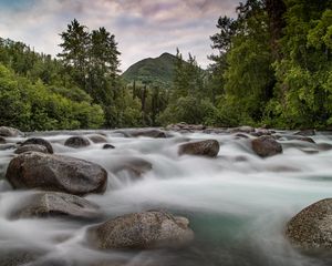 Preview wallpaper mountains, stones, river, stream, water, forest