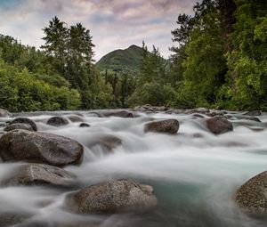 Preview wallpaper mountains, stones, river, stream, water, forest