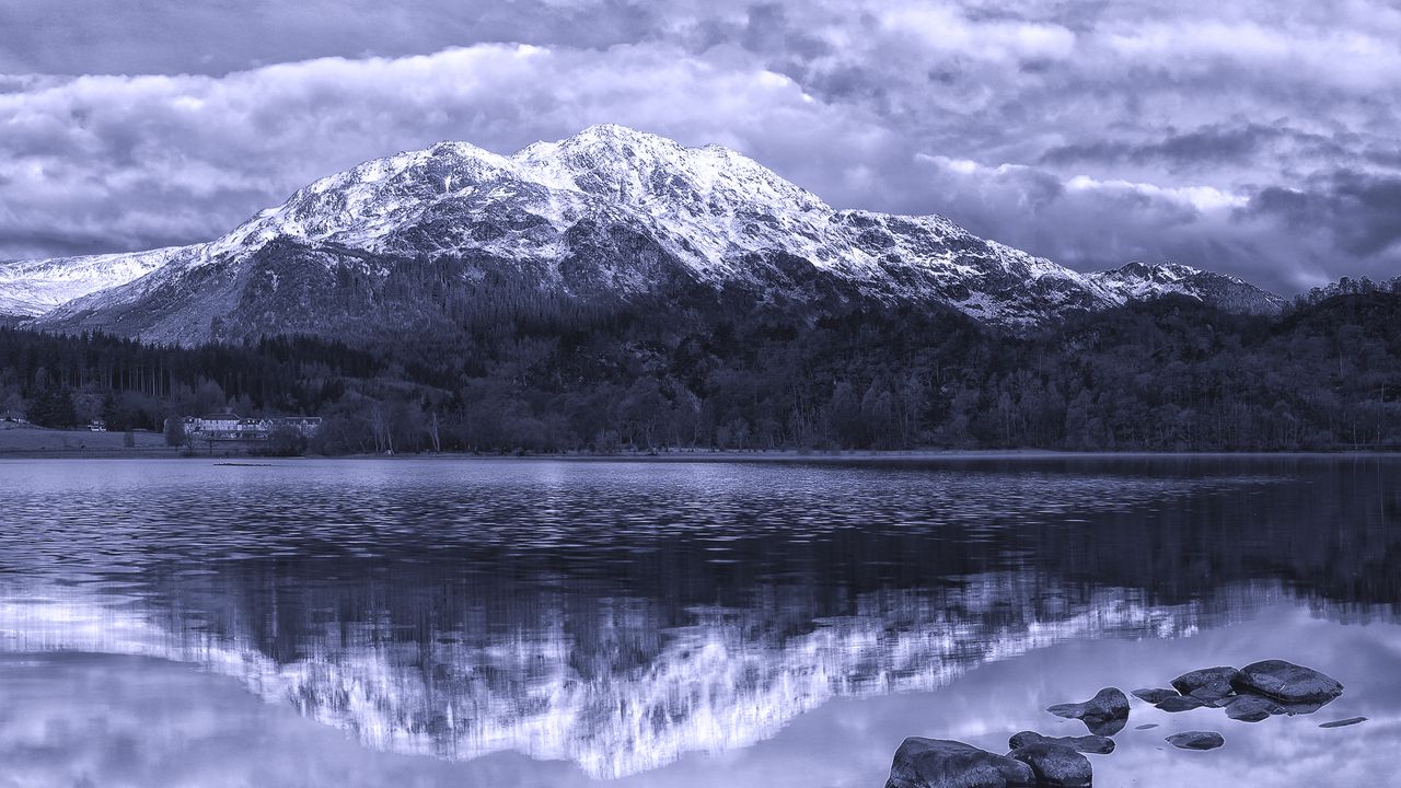 Wallpaper mountains, stones, sea, scotland, ben venue, achray forest, black and white, bw