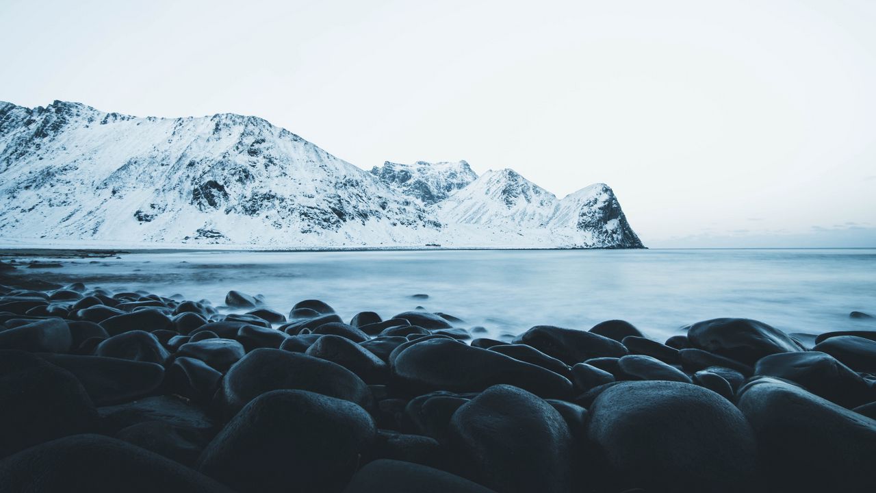 Wallpaper mountains, stones, snow, lake