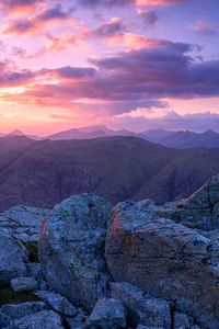 Preview wallpaper mountains, stones, sunset, sky, scotland