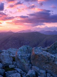 Preview wallpaper mountains, stones, sunset, sky, scotland