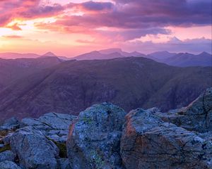 Preview wallpaper mountains, stones, sunset, sky, scotland