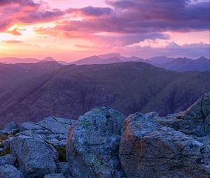 Preview wallpaper mountains, stones, sunset, sky, scotland