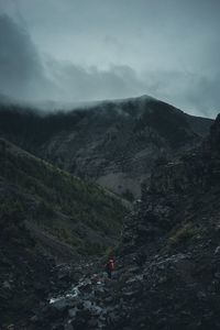 Preview wallpaper mountains, stones, tourist, river, travel, fog