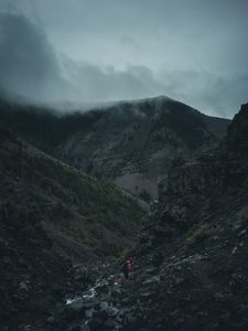 Preview wallpaper mountains, stones, tourist, river, travel, fog