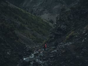 Preview wallpaper mountains, stones, tourist, river, travel, fog