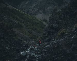 Preview wallpaper mountains, stones, tourist, river, travel, fog