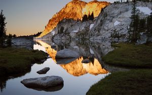 Preview wallpaper mountains, stones, water, shades, rocks, coast