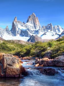 Preview wallpaper mountains, stones, wood, tops, snow-covered, brightly, stream, river, current, murmur, shadows