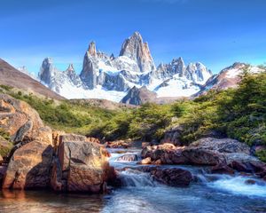 Preview wallpaper mountains, stones, wood, tops, snow-covered, brightly, stream, river, current, murmur, shadows