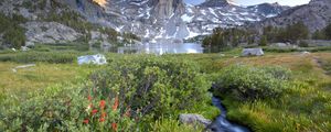 Preview wallpaper mountains, stream, bushes, flowers, lake, top, stones, light