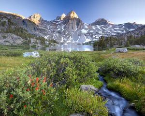 Preview wallpaper mountains, stream, bushes, flowers, lake, top, stones, light