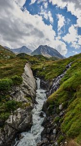 Preview wallpaper mountains, stream, stones, grass, relief