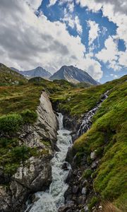 Preview wallpaper mountains, stream, stones, grass, relief