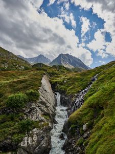 Preview wallpaper mountains, stream, stones, grass, relief
