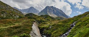 Preview wallpaper mountains, stream, stones, grass, relief