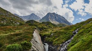 Preview wallpaper mountains, stream, stones, grass, relief