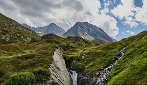 Preview wallpaper mountains, stream, stones, grass, relief