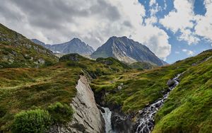 Preview wallpaper mountains, stream, stones, grass, relief