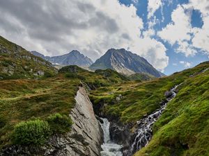 Preview wallpaper mountains, stream, stones, grass, relief