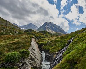 Preview wallpaper mountains, stream, stones, grass, relief