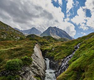 Preview wallpaper mountains, stream, stones, grass, relief