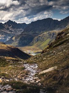 Preview wallpaper mountains, stream, valley, landscape, nature