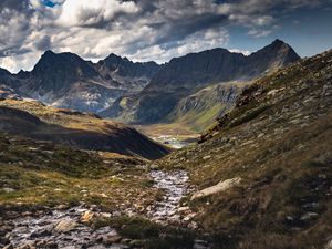 Preview wallpaper mountains, stream, valley, landscape, nature