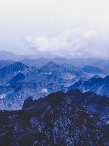 Preview wallpaper mountains, summit, rocks, fog, clouds