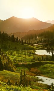 Preview wallpaper mountains, sun, forest, art