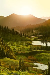 Preview wallpaper mountains, sun, forest, art