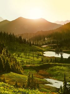 Preview wallpaper mountains, sun, forest, art