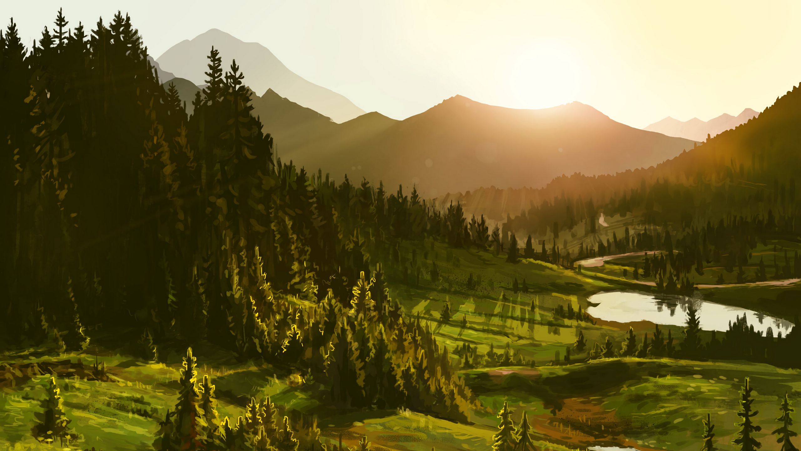 Download wallpaper 2560x1440 mountains, sun, forest, art widescreen 16: