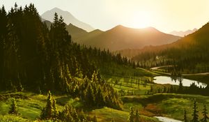 Preview wallpaper mountains, sun, forest, art