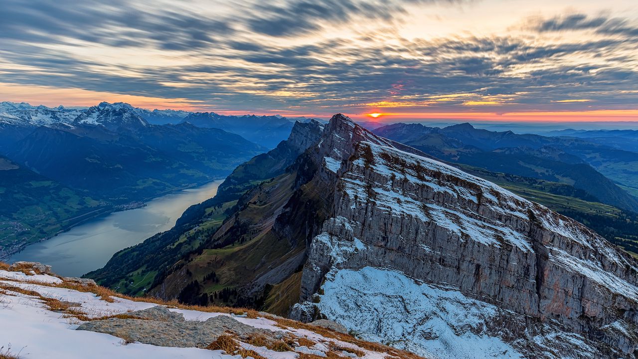 Wallpaper mountains, sun, snow, rocks