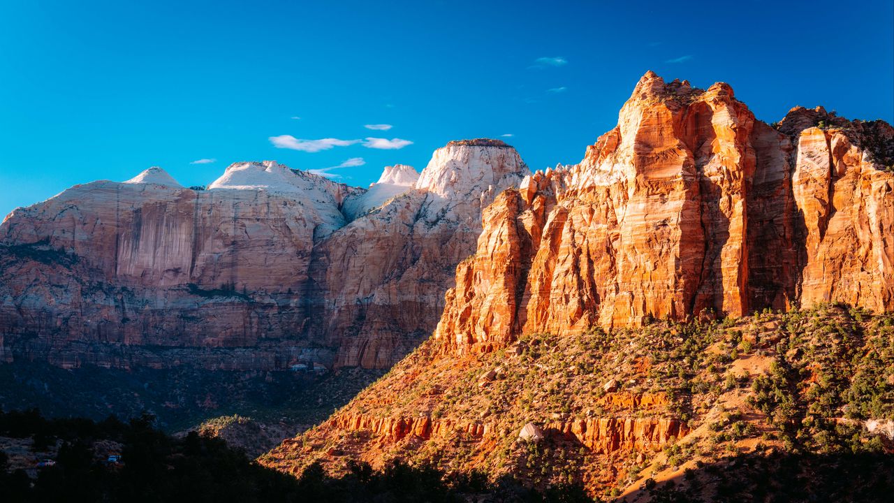 Wallpaper mountains, sun, trees, rocks